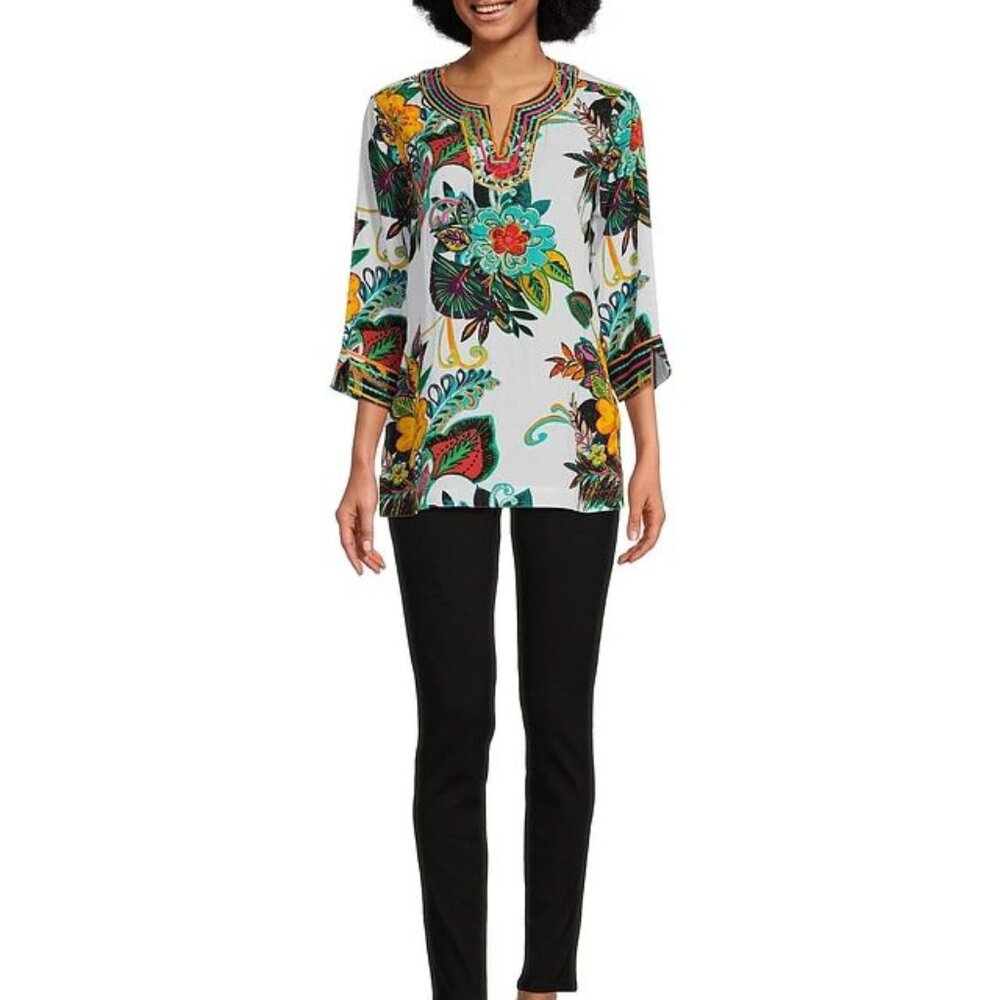 John Mark Tunic Top Size M Embroidered Tropical Floral Split V-Neck NEW $119 - Picture 2 of 11
